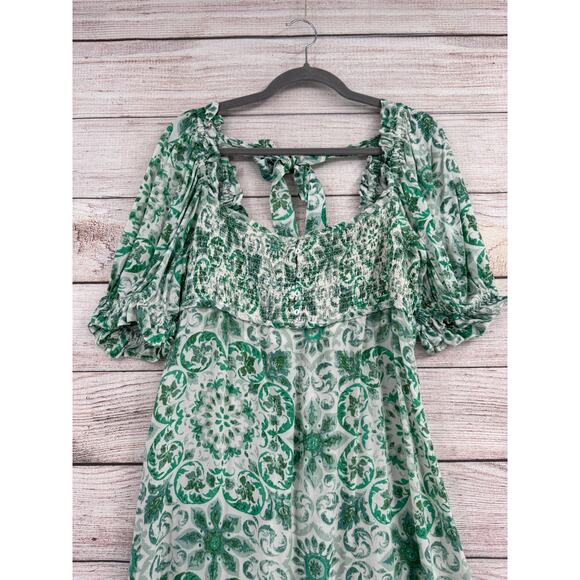 Anthropologie Floral Open Tie Back Midi Dress Womens Large White Green Stretch - Picture 3 of 10